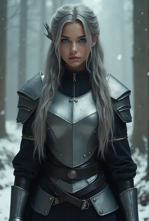 A gorgeous 26 year old woman with long smokey silver hair, icy blue eyes, beige skin. A black leather battle suit with silver chest and torso armor attached in one plate, thigh, calves, and ankle armor. Silver shoulder pads and bracers. And on her right bo...