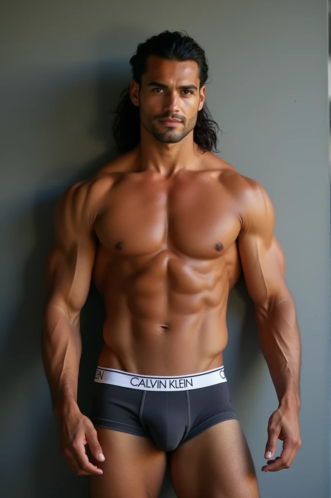 Handsome Polynesia Guy, Photoshoot, Shirtless, Abs, Wearing Calvin Klein" Underwear, Detailed Face, Detailed, Detailed Skin, Highly Detailed, Ultra HD, Handsome Face, Standing, Grey wall as an background, Full Body, Long Wavy Hair, Ponytail, Polynesian

