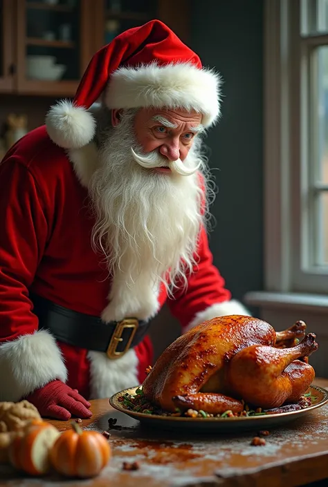 Santa soaking wet staring at an overcooked thanksgiving turkey