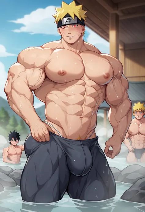 2 men at an onsen standing in line to enter the hot spring, Muscular Naruto Uzumaki and Sasuke Uchiha from Naruto Shippuden, being brainwashed and growing into big mindless muscular men, mindless stare, Kakashi brainwashing Sasuke and Naruto, mindless assi...