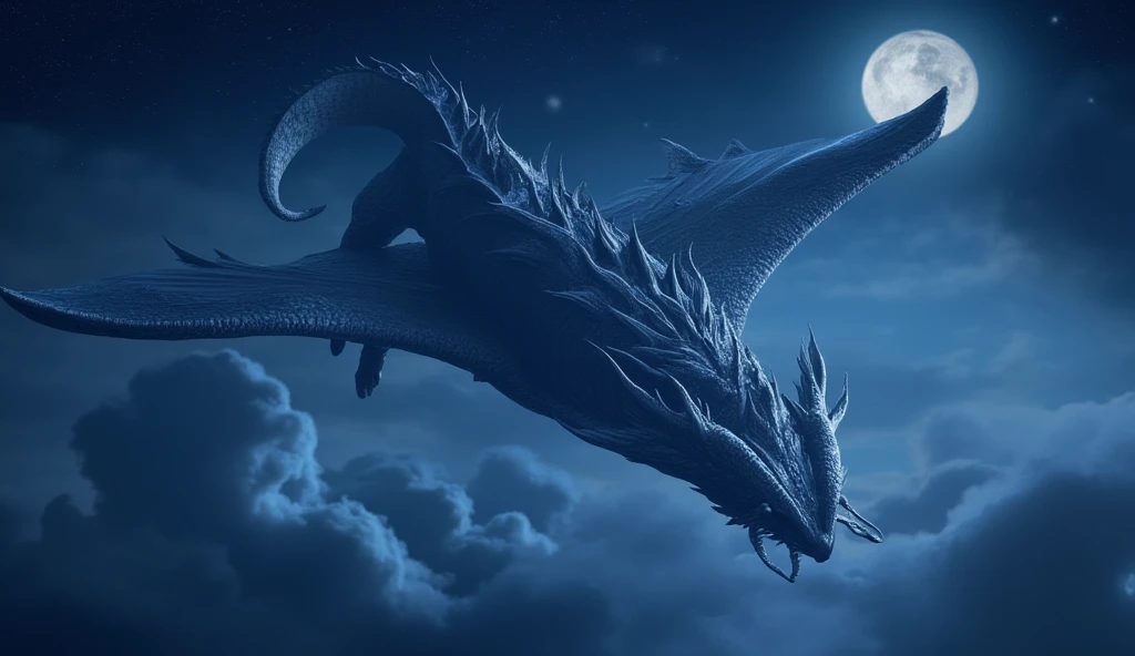 Azure Chinese dragon. He has a gray mane, two large horns and white eyes. Dark blue skin. The dragon is wise and strong. He flies in the clouds in the dead of night. Its a dark night.