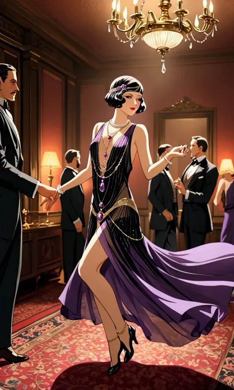 A cute woman (1920s fashion, sheer black and violet dress no underwear, a few golden body chains and jewelry) she is dancing a dainty dance teasing an upscale room of gentlemen, sultry
