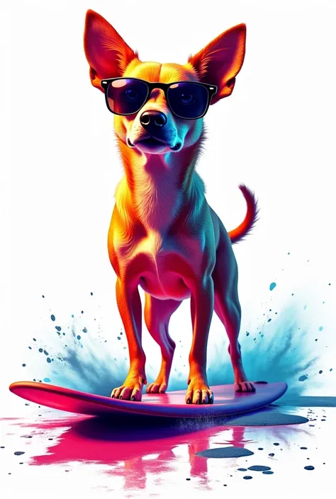 Neon dog with dark glasses on top of a surfboard, with Several ink stains around,  fur coat with white background, Ultrarealistic, 3d