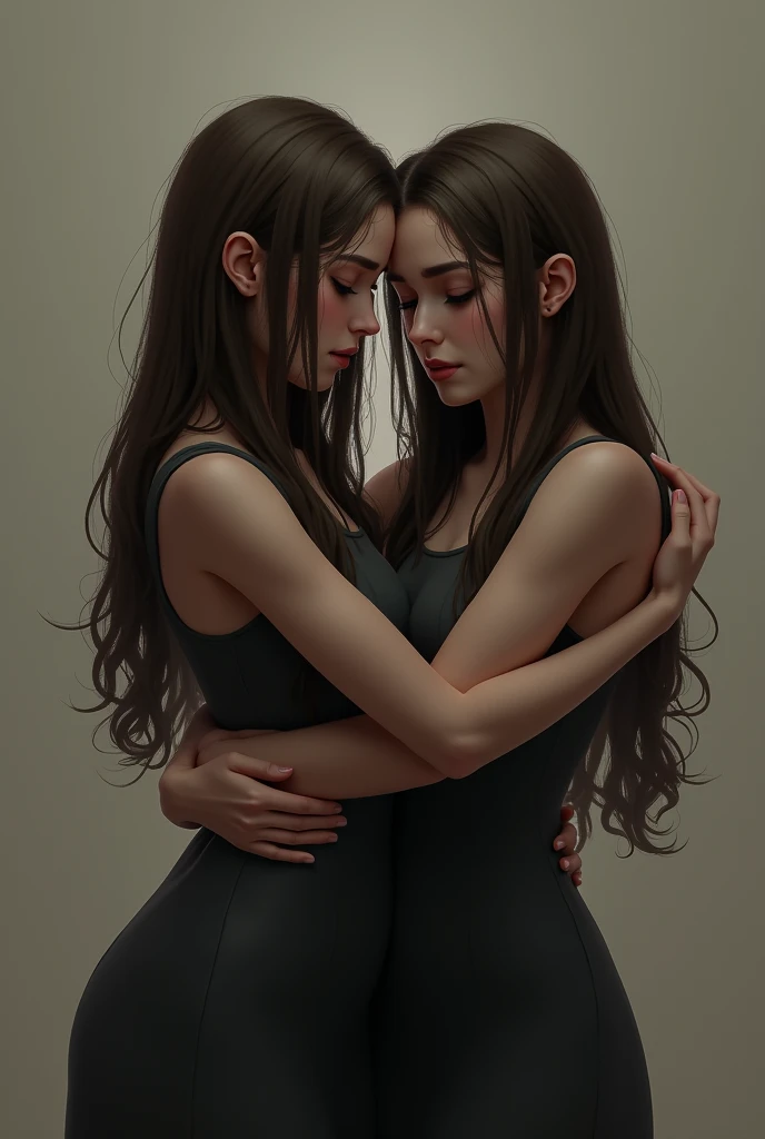 Two identical twin sisters hugging each other tight, consolando, sad. long straight brown hair. 