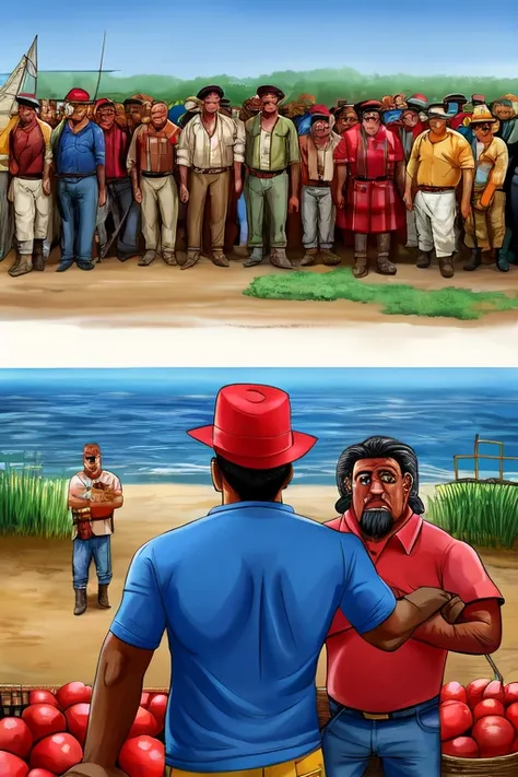  Pictorial composition about Sechuranos (some fishermen and farmers ) demanding their safety against theft , deaths, nappings ,  while the president ignores them  