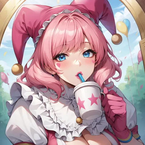 drinking coffee, circus, (masterpiece, best quality:1.2), 1girl, solo, pink lipstick, long pink hair, blue eyes, pink gloves, puffy sleeves, curvy, pink jester cap, bangs, expressive eyes, perfect face, anime style, 4K, best quality, anime art, natural bea...