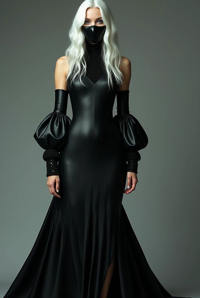  realistic full body photo，A young Russian woman stands ，190 cm high ， big  but thin waist ，Pure white hair ， Long hair straight to the waist， wearing a black royal latex mermaid skirt all over her body ，Skirt completely covers the body ，The skirt is over ...