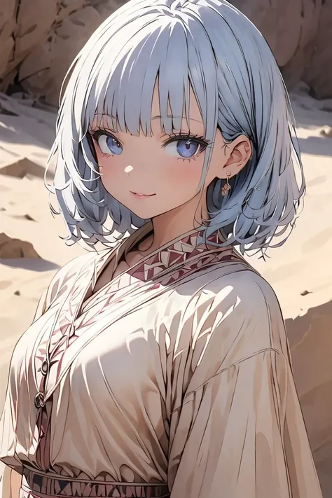 ((best quality)), ((masterpiece)), (detailed), natural lighting, 4k image, anime style, milky brown skin beautiful young woman, button nose, wavy eyelashes, shimmering light blue hair(with pale white steaks) cut into an Egyptian bob-cut  icy blue eyes with...