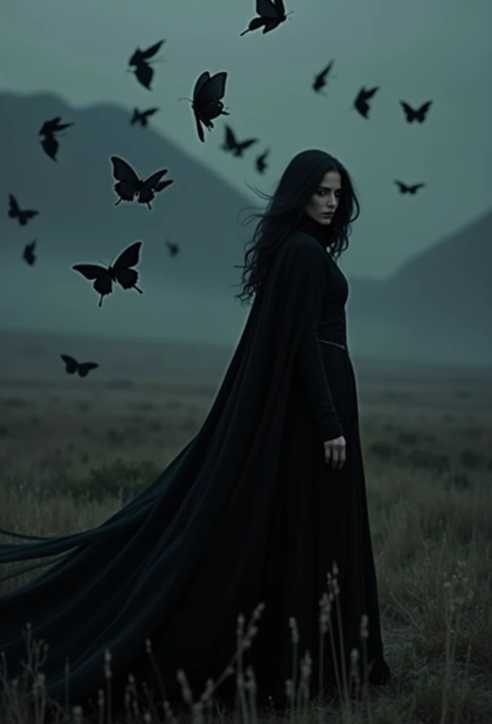 arafed woman in a black cloak and black cape standing in a field with butterflies flying overhead, ominous gothic aesthetic, gothic aesthetic, beautiful with eerie vibes, in style of dark fantasy art, a still of an ethereal, black butterflies, cinematic go...