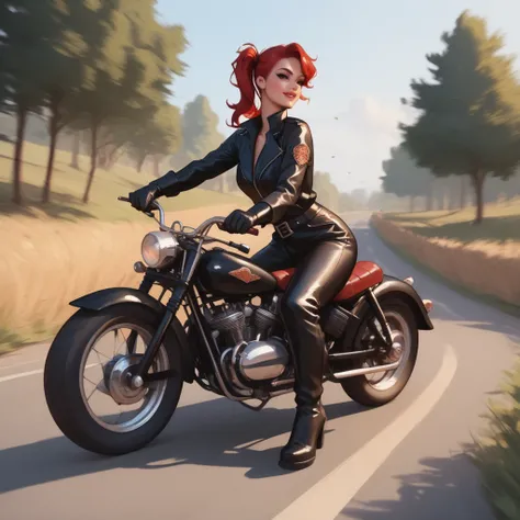 A red-haired pin-up model with warm brown eyes ,  styled with a side ponytail and dressed in a black leather jumpsuit,  riding a classic motorcycle on a deserted road 