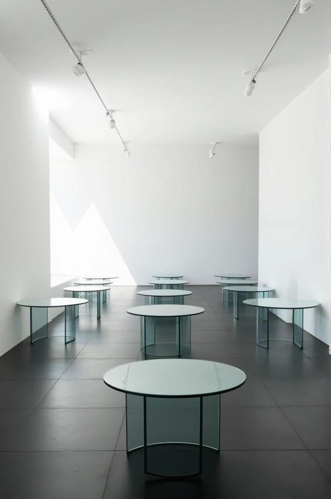 a place ,  with black porcelain tile floor,  white walls , 10 round glass tables ,  white walls .