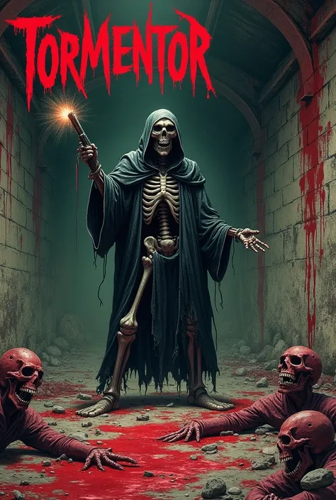 Heavy metal album by a band called “Tormentor” whose cover has a skeleton shooting at monsters that come out of an abandoned basement with horror animation that is also like a drawing style that is drawoooooo and that there are blood and s everywhere and t...