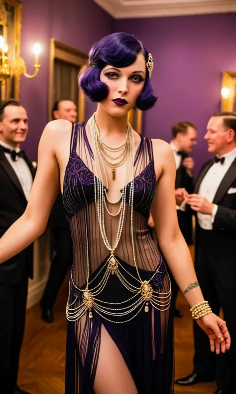 A cute woman (1920s fashion, sheer black and violet dress no underwear, a few golden body chains and jewelry) she is dancing a dainty dance teasing an upscale room of gentlemen, sultry
