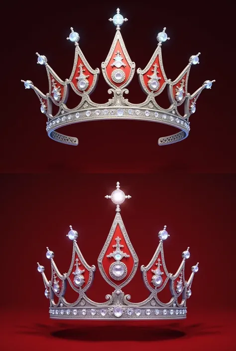 Design Crown for winner Miss Authenticity and small tiara with same design to Runner-up. Dominant red and silver. Modern crown. Model wear that crown. 