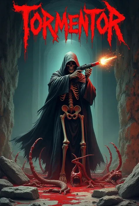 Heavy metal album by a band called “Tormentor” whose cover has a skeleton shooting at monsters that come out of an abandoned basement with horror animation that is also like a drawing style that is drawoooooo and that there are blood and s everywhere and t...