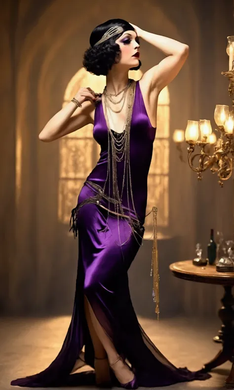 A cute woman (1920s fashion, sheer black and violet dress no underwear, a few golden body chains and jewelry) she is dancing a dainty dance teasing an upscale room of gentlemen, sultry
