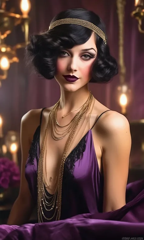 A cute woman (1920s fashion, sheer black and violet dress no underwear, a few golden body chains and jewelry) she is dancing a dainty dance teasing an upscale room of gentlemen, sultry
