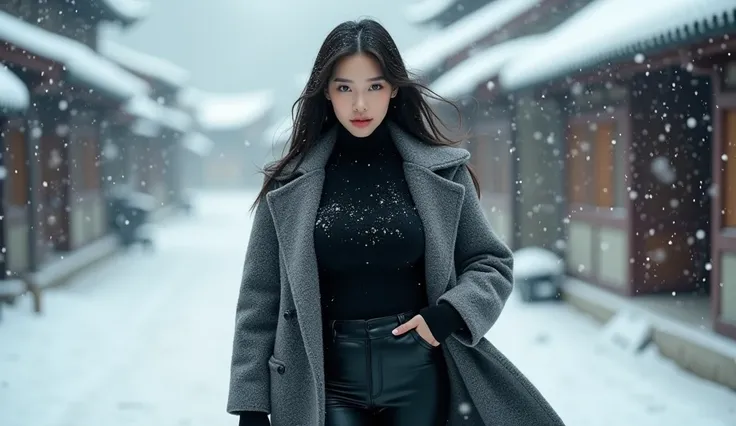 beautiful asian woman, snowy eastern village, black pants, sexy, large boobs,  form fitting black sweater, snowstorm, large wool coat, snowy