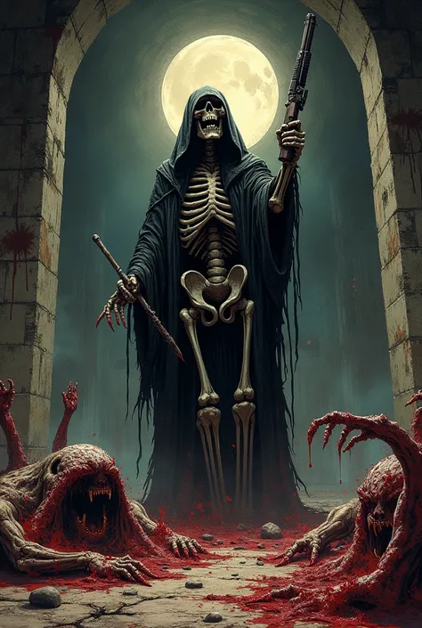 Heavy metal album by a band called “Tormentor” whose cover has a skeleton shooting at monsters that come out of an abandoned basement with horror animation that is also like a drawing style that is drawoooooo and that there are blood and s everywhere and t...