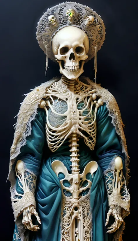  a close up of a skeleton dressed in a priests robe, holy queen skeleton,  intricate skeletal decorations  (Detailed embroidery),  elaborate cult tunics ,  inspired by Francisco de Burgos Mantilla , day of the dead. 8K,  Victorian Day of the Dead , 8K high...