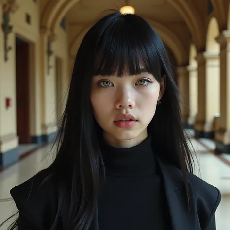  realistic photograph of a white-skinned girl , with straight jet black hair,  light green eyes ,  thin and small lips ,  round cheeks and thick, bushy eyebrows .  In the background she is walking through the corridors of a luxurious and elegant university...