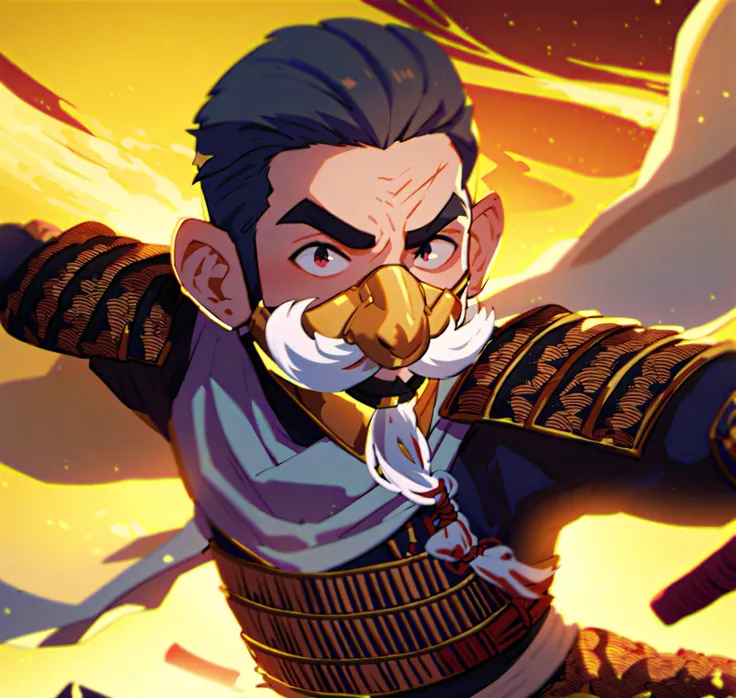 An anime-style illustration of Jin Sakai, wearing a gold mask with a white mustache, in a dynamic battle-ready pose. Traditional samurai armor glints under a fiery sunset, surrounded by cherry blossoms caught in the wind. Warm orange and red hues, dramatic...