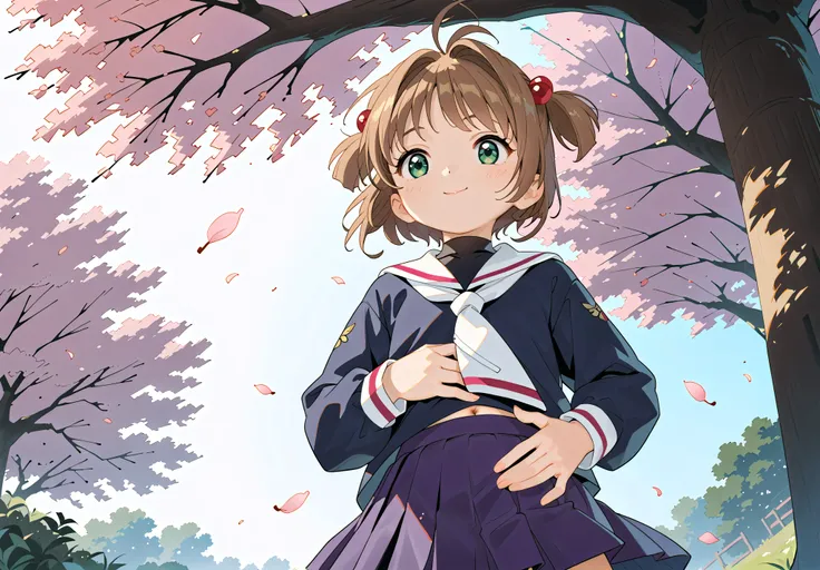 1girl, kinomoto sakura, low-angle view,  antenna hair, brown hair, short hair, twintails, green eyes, hair bobbles, hair intakes,small chested,  Head ornament, floating hair,
tomoeda elementary school uniform, white skirt, pleated skirt, black shirt, white...