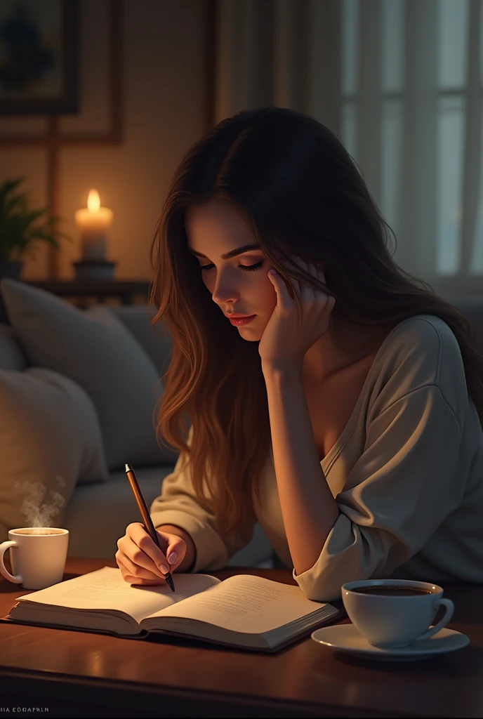 Create a photo with an illuminated brunette woman with an open diary writing with a pen in a cozy atmosphere with a cup of tea or coffee