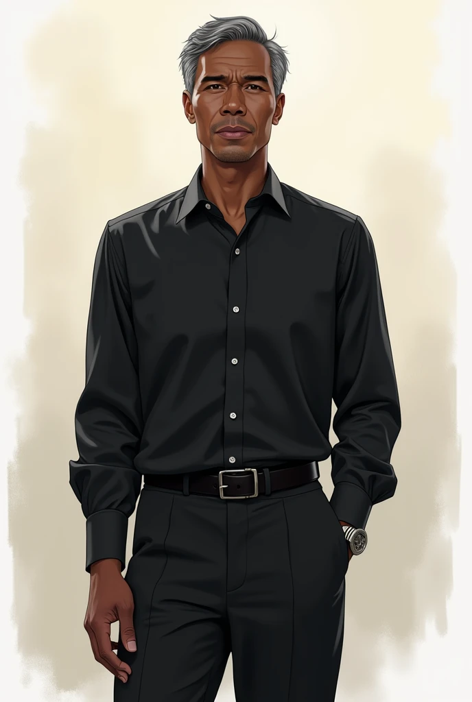 Black man, with short straight black hair with greying strands. Wearing a black dress shirt and black slacks. Korean Manhwa style