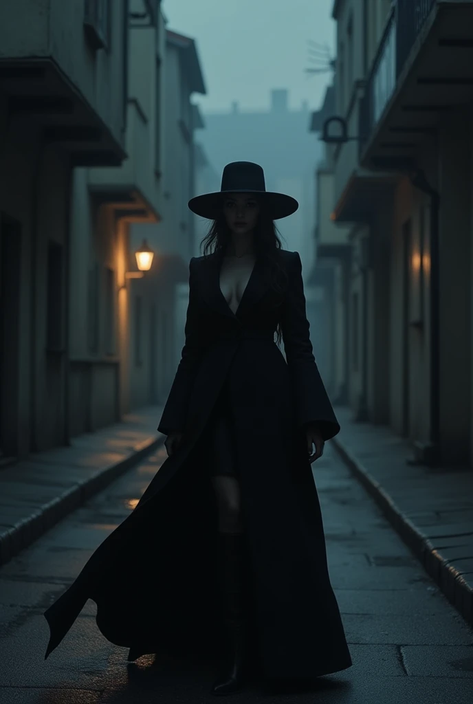 Blood-dominating woman , wearing a black overcoat and hat in the dark alley at night. is on the coast. 