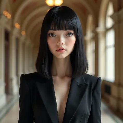  realistic photograph of a white-skinned girl ,  with straight jet black hair without bangs.  almond-shaped light green eyes ,  thin and small lips ,  round cheeks and thick, bushy eyebrows .  In the background she is walking through the corridors of a lux...