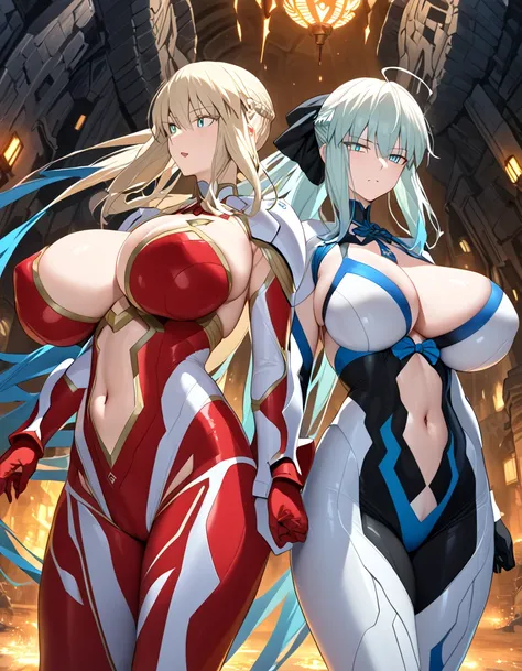 NSFW, masterpiece, highest quality, highest image quality, highest resolution, very detailed, attention to detail, 16K, [2girls]++, taimanin suit, adapted costume, artoria pendragon (lancer) (fate), morgan le fay (fate), huge breasts, bursting breasts, ski...