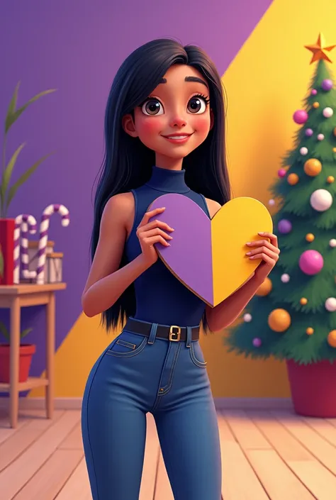 Woman 30 years, long straight black hair, wearing high rise flare very long dark jeans with dark blue sleeveless turtleneck and white sneakers. Holding carton board large heart half bright yellow and the other half purple. At telethon next to Christmas tre...