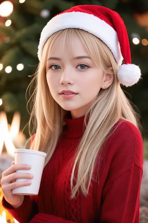  1 girl, , Blonde,  brown eyes,  Christmas clothes , Close to the campfire , Half smiling,  smirking , Santa hat,  HOT CHOCOLATE ,   Christmas tree , Oro,  long hair,  medium chest ,  viewers who stop at the edge, Blonde,  brown eyes, gem, whole body,  Nec...