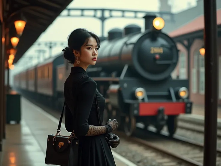 A cinematic shot of 2 asian beauty face diferent in a Victorian-inspired ensemble, set against the backdrop of a vintage train station. The subject stands confidently, pulling a vintage luggage compartment behind her, as she holds a high-end tote bag and g...