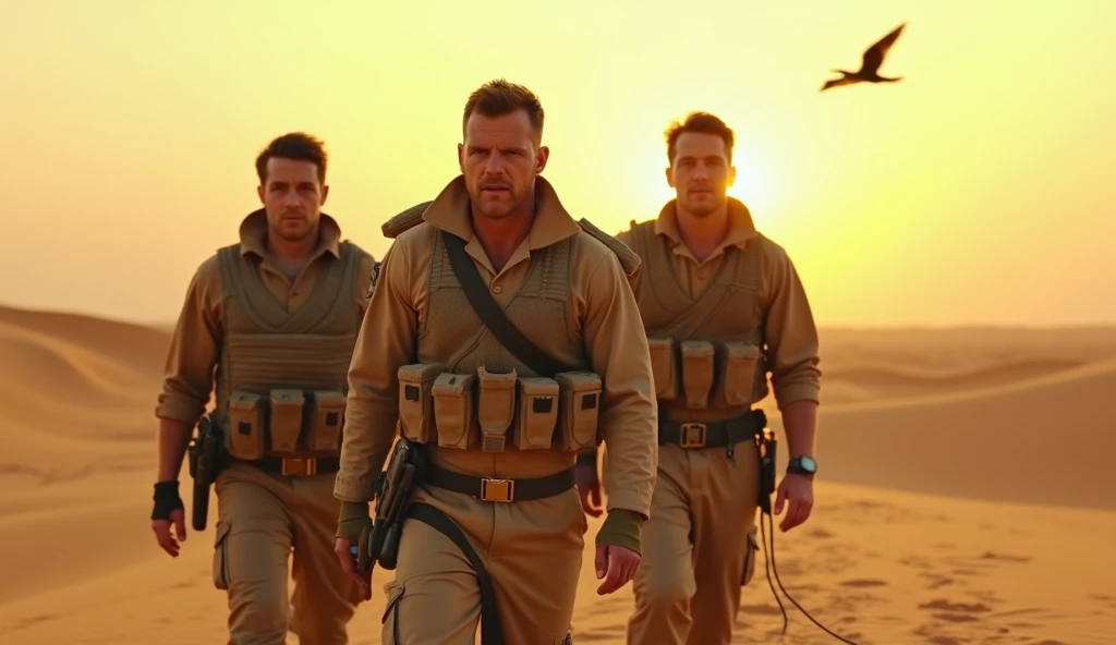 Three weary soldiers, clad in post-apocalyptic military uniforms, trek through a vast, arid desert with sand dunes stretching to the horizon. The relentless sun casts long, distorted shadows. A lone black bird crosses the sky. Cinematic style, warm desert ...