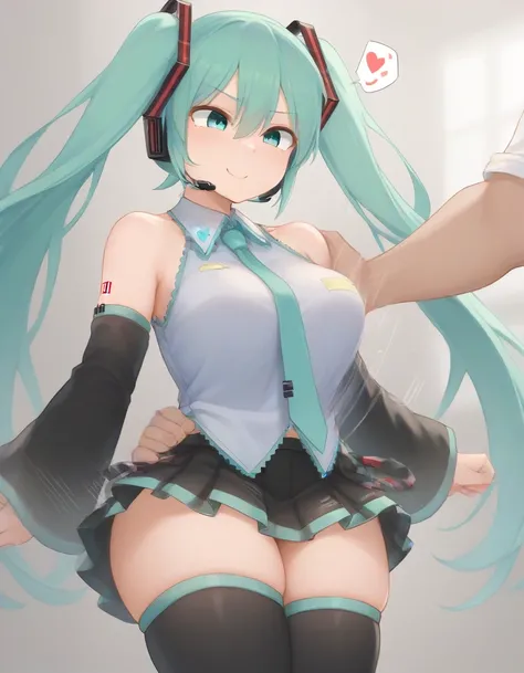 1girl,hatsune miku, green hair, green eyes, long hair, twintails, headset, skirt, detached sleeves, collared shirt, sleeveless shirt,massive thighs,hearts,bouncing,standing thighjob,smug