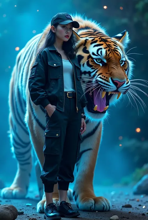 A cinematic media showing a tiger with a beautiful korean female wearing a modern fashionable style with clean white skin and a perfectly maintained face. Wearing a baseball cap, black bomber jacket with many rolled up pockets. . Dark black cropped trouser...