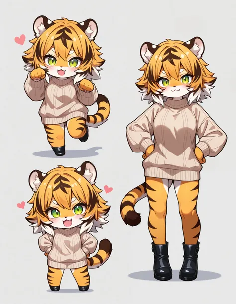 colorful, furry, heart, paw pose, simple background, smile, sweater, tail, tiger ears, tiger tail, black footwear, hands on own hips, :3, tiger girl, looking at viewer, white background, fang, chibi, animal ear, standing, animal ear fluff, masterpiece, bes...