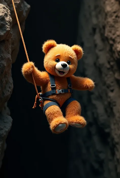 teddy bear, Rappelling, very happy,  black background