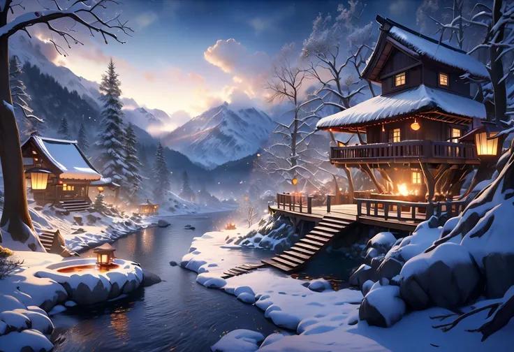 a cozy treehouse in a snowy forest, steam rising from a hot spring around the treehouse, fairy-like creatures enjoying the hot spring, warm glowing lanterns, detailed snow covered branches, serene winter landscape, dramatic lighting, (best quality,4k,8k,hi...