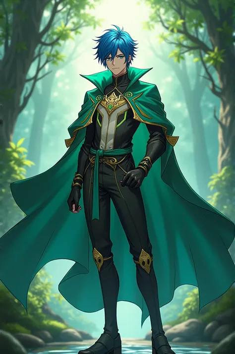 Standing male character similar to Genshin Impact ,  has a green cape and blue and green heterochromia 25 years old blue hair blue and green eyes