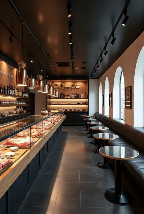  An elegant butcher shop with a sophisticated space, with black porcelain tile floor ,  white walls , 10 round glass tables , a warm lighting,  with elegant butchery materials .