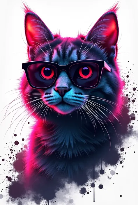 Neon cat with dark glasses being a DJ, with several ink spots surrounding the image leaving it rounded,  white background, Ultrarealistic, in 3D 