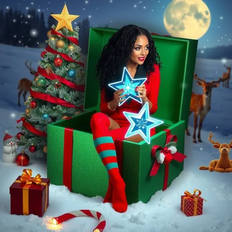 fantastic and ultra maxi-detailed image of a pretty woman with dark curly long tattooed skin sitting inside a huge open green gift box with red ribbon wears a red suit and socks with red and green stripes and carries a neon blue star with sparkles in her h...