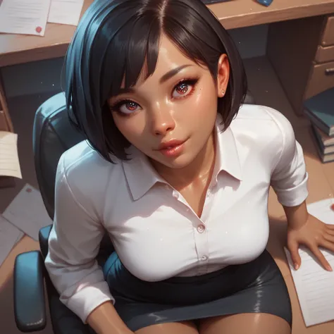 1 woman,  brown skin,  Asian facial features,  short hair,  black hair,  heavenly eyes , expression of curiosity, office clothes,  medium breasts, medium hips,  flat from above , Sitting in the office 