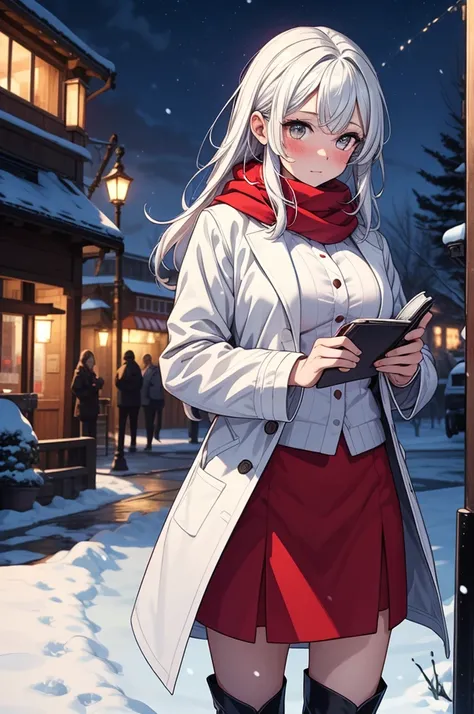 ((masterpiece, best quality:1.3, high detail)), beautiful woman, looking at viewer, long hair, (white hair), full-face blush, solo focus, one person, (white coat, white blouse, red scarf, (long red skirt)), red pencil skirt, boots, outdoors, (night sky, sn...