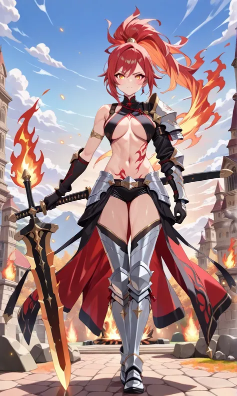 (((masterpiece, best quality, high detailed, 16k))) (1girl) A strikingly beautiful female master of flames with long, fiery red hair tied back in a high ponytail, her fierce presence commanding the battlefield. She wears an asymmetrical armor, with one arm...