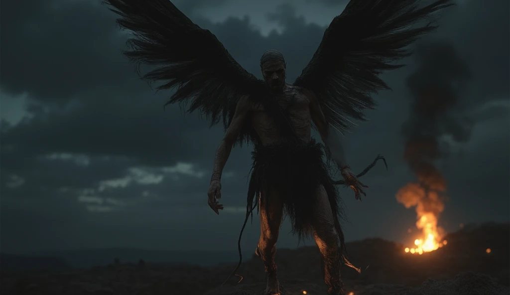 A fallen angel. His head is wrapped in black bandages, his naked torso, a black loincloth. He has a terrible whip in his hand. He has two big black wings on his back. Hes standing on a cliff, its a dark night. Horror. Black clouds. The flame is burning.