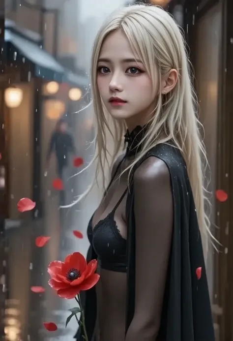 1 girl,Alone,1 girl,Alone,(( beautiful and detailed eyes )), (detailed light), full cinematic depth of field ,( white hair), silver eyes , hair over one eye ,(red flower ), Cabello Flor , long hair,black cape,wet,without emotions, looking back,Evening,star...